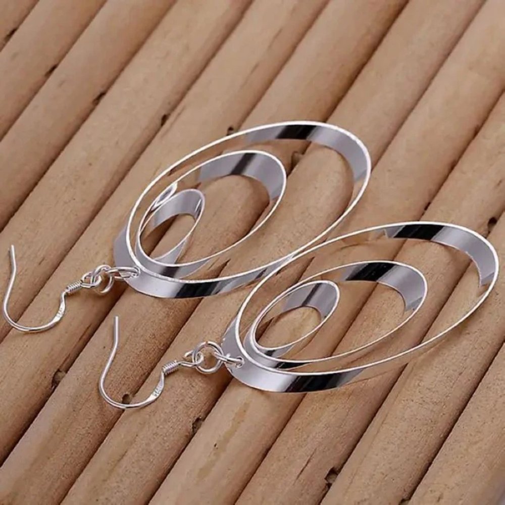 Gorgeous .925 Sterling Silver 3 Ovals Hanging Earrings - Picture 3 of 8